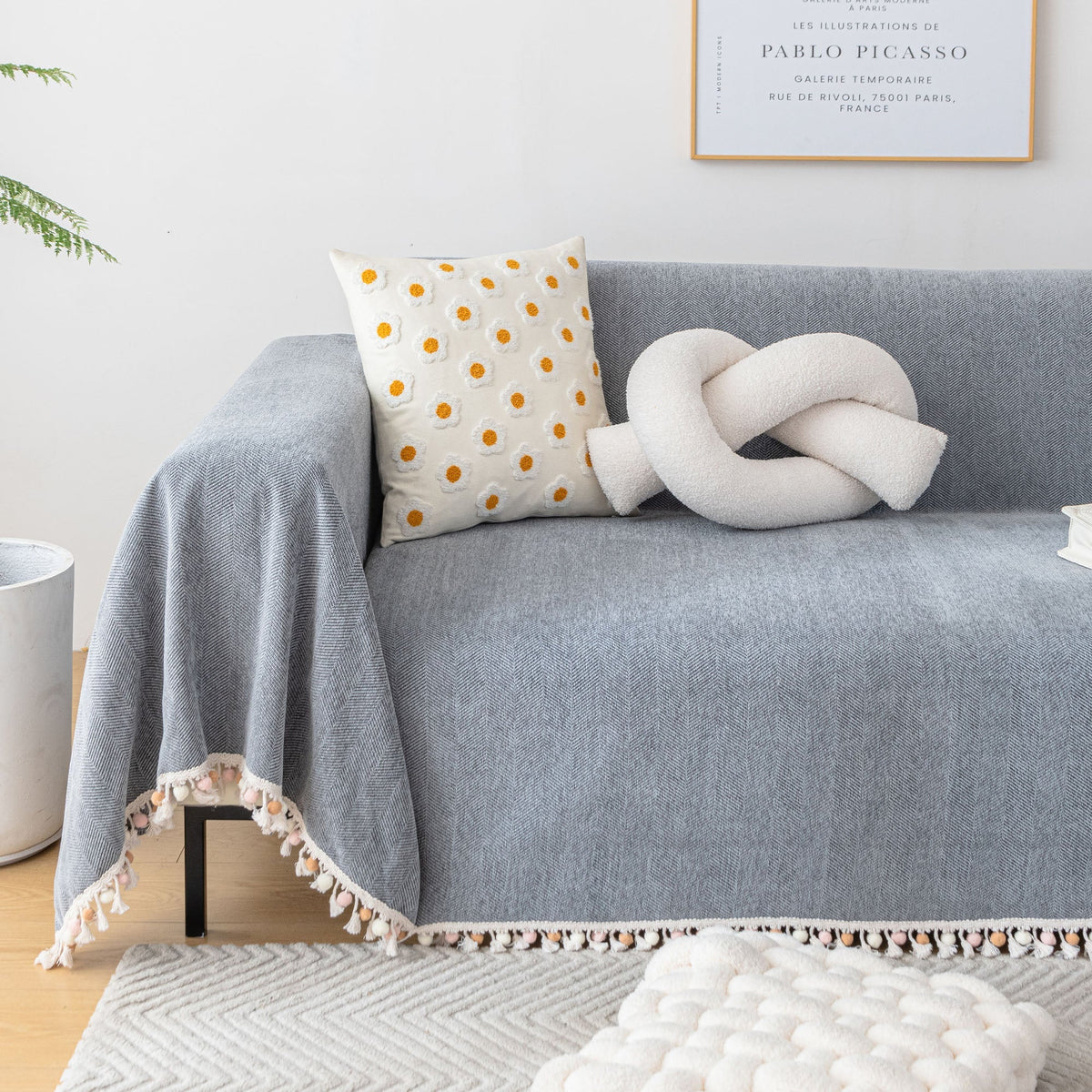 Liora Sofa Cover - Durable Herringbone Slipcover, Fringe Design 7