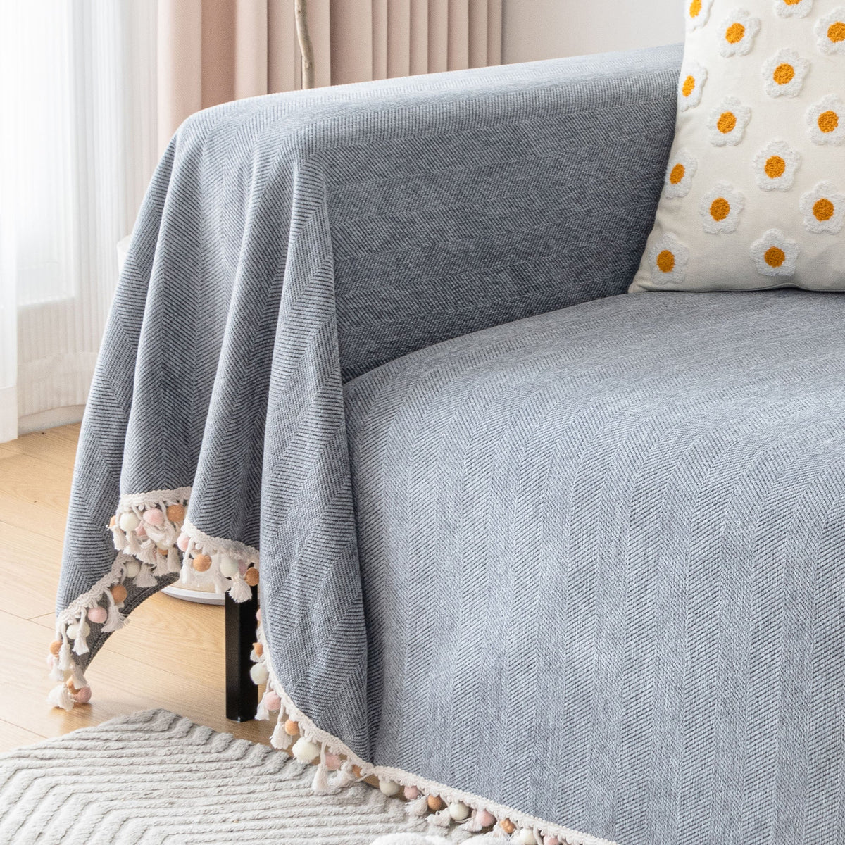 Liora Sofa Cover - Durable Herringbone Slipcover, Fringe Design 8
