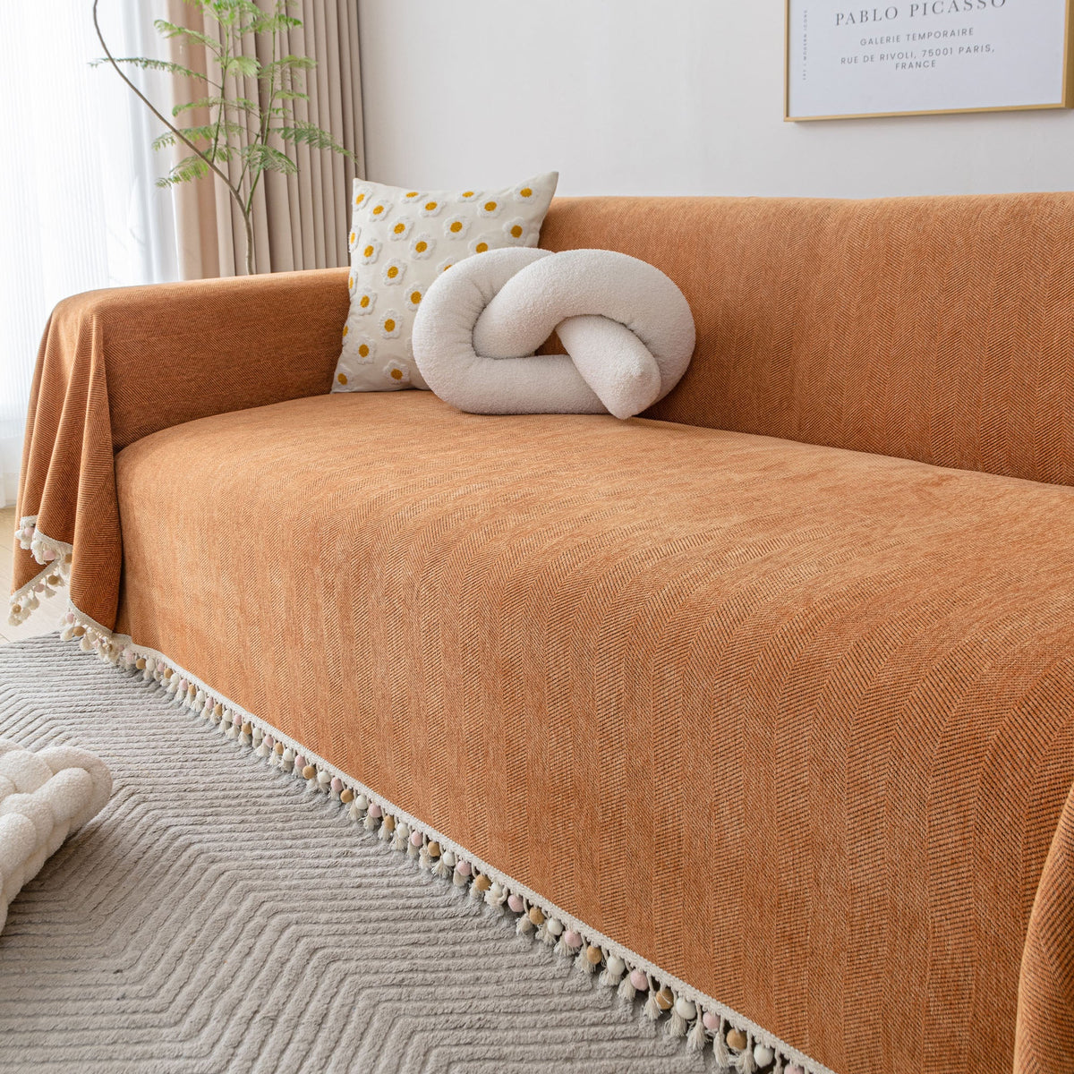 Liora Sofa Cover - Durable Herringbone Slipcover, Fringe Design 9