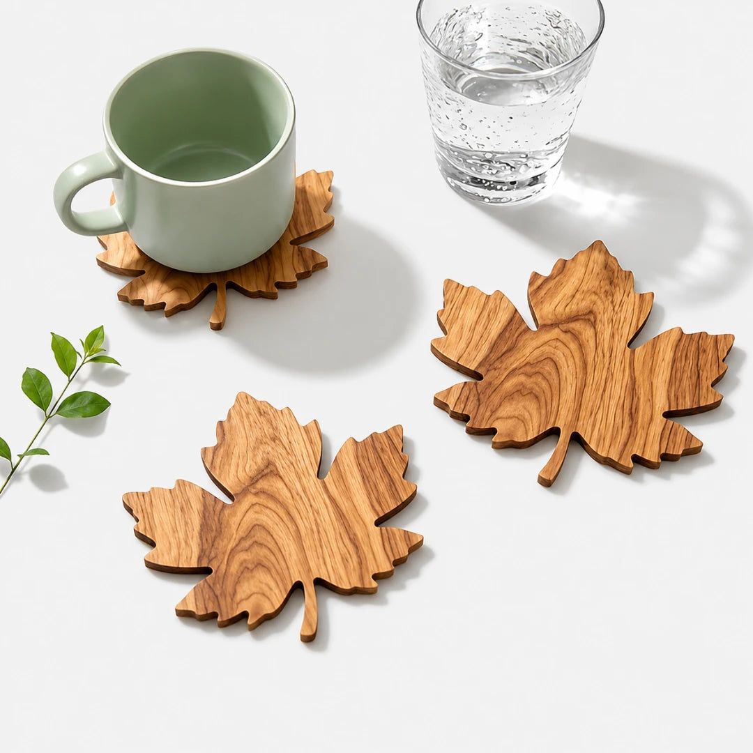 Lorien Coasters for Drinks - Solid Wood, Leaf-Shaped Design, 3-Piece Set 1