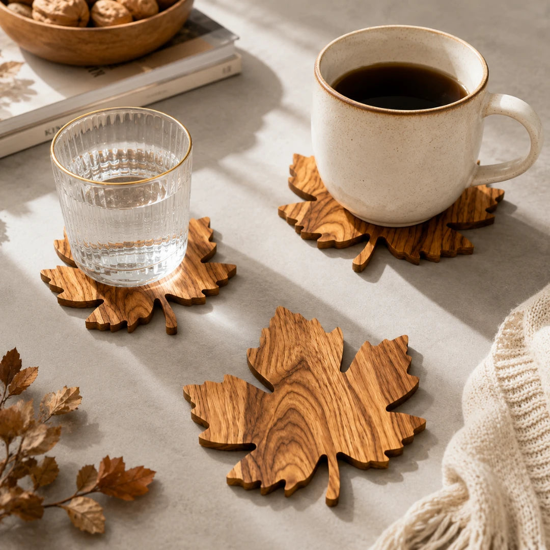 Lorien Coasters for Drinks - Solid Wood, Leaf-Shaped Design, 3-Piece Set 3
