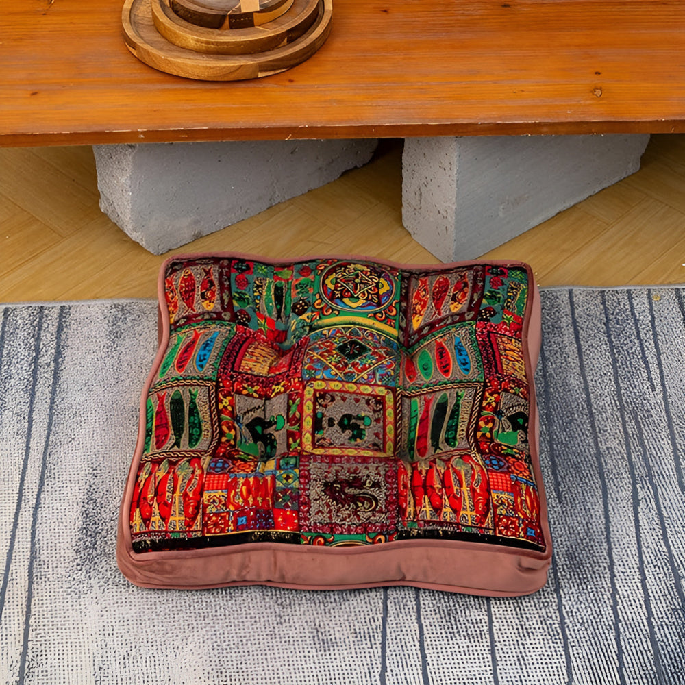 Mira Tie-Strap Cushion - Microfiber Blend, Boho Patchwork Design 6