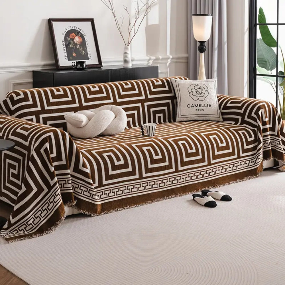 Mosaic Sofa Cover - Chenille, Bohemian Tassels, Durable Slipcover 0