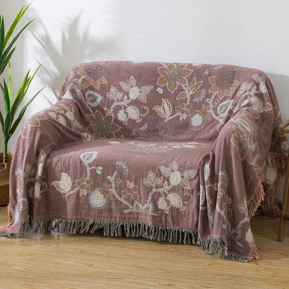 Orion Floral Bed Blanket - Cotton, Jacquard Design with Tassel Trim 0