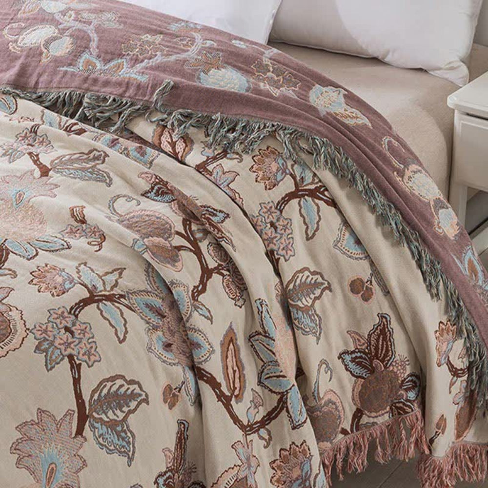 Orion Floral Bed Blanket - Cotton, Jacquard Design with Tassel Trim 3