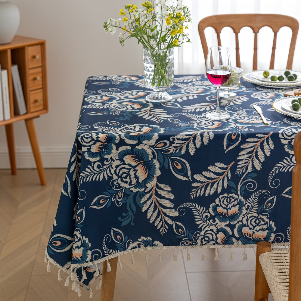 Pavo Floral Tablecloth - Microfiber Polyester, Tassel Trimmed 2