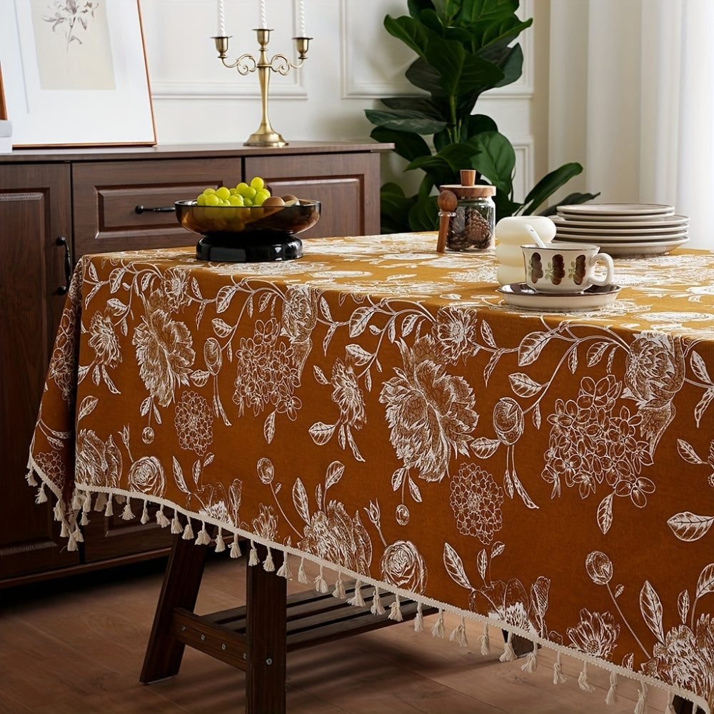 Pavo Floral Tablecloth - Microfiber Polyester, Tassel Trimmed 7