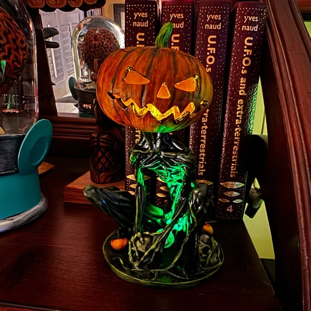 Phantom Pumpkin Grimm Decoration - Handmade Marble Flour, Illuminated Halloween Accent 3