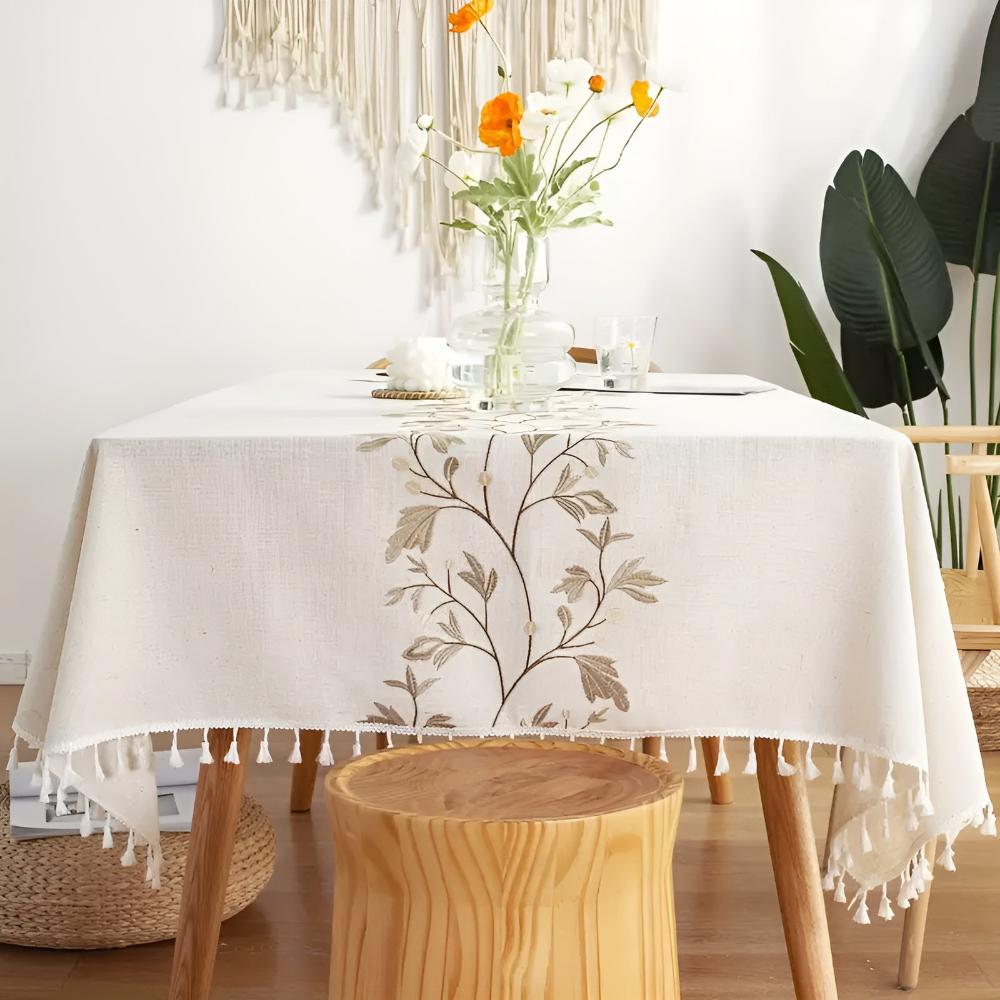 Pinegrove Tablecloth - Cotton-Linen Blend, Embroidered Floral Design 4