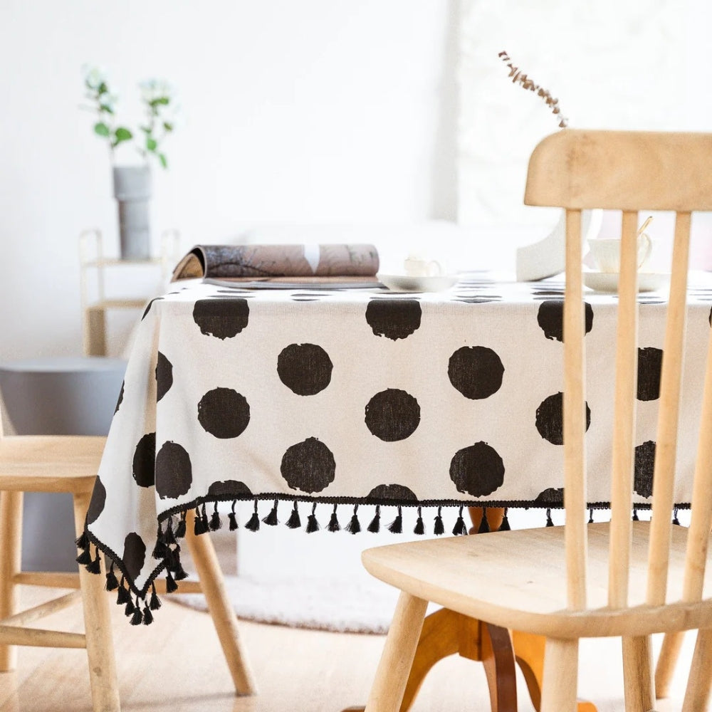 Polara Charm Table Cloth - Microfiber Blend, Black Polka Dot with Tassel Edging 1