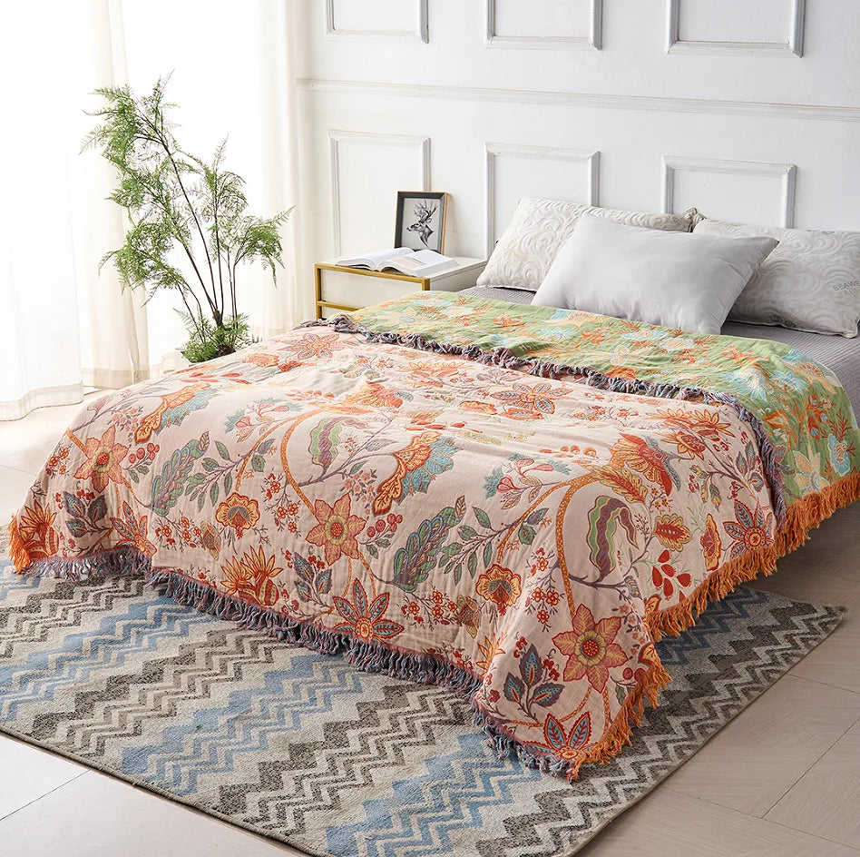 Ravelle Boho Blanket - 100% Cotton, Floral Design with Fringe 2