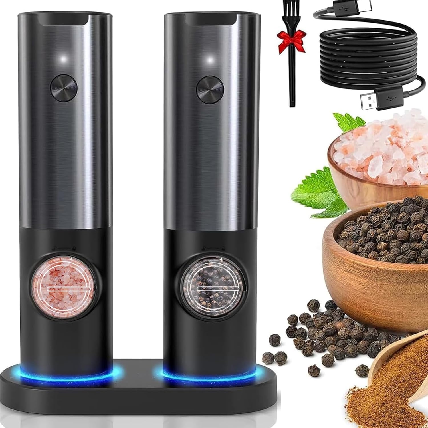 Ravello Electric Salt and Pepper Grinder Set - Rechargeable Stainless Steel, One-Handed Operation 0