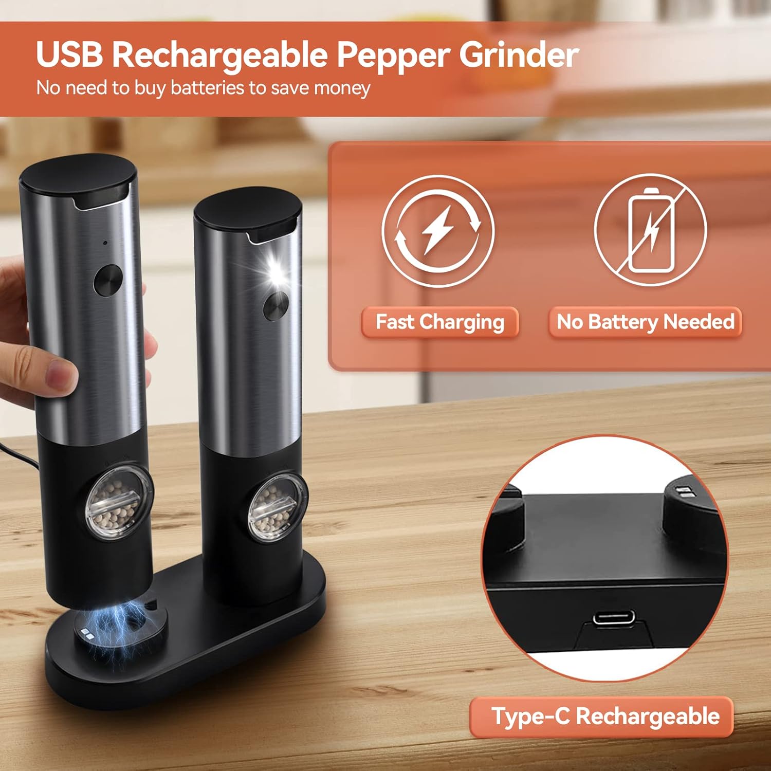 Ravello Electric Salt and Pepper Grinder Set - Rechargeable Stainless Steel, One-Handed Operation 2