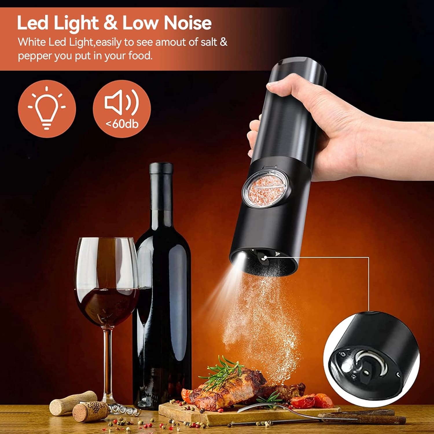 Ravello Electric Salt and Pepper Grinder Set - Rechargeable Stainless Steel, One-Handed Operation 4