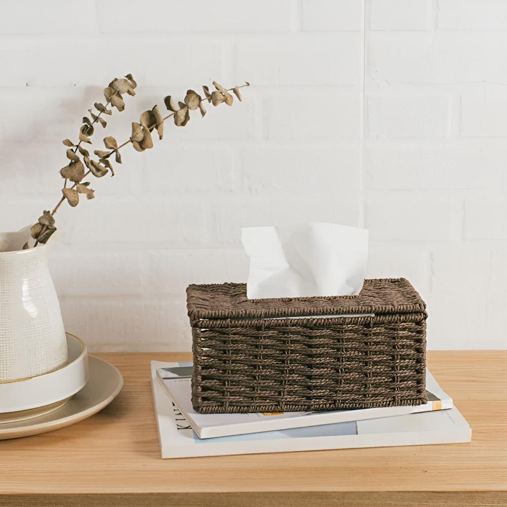 Ravine Tissue Box Cover - Rattan with Leather Accents, Compact Design 0