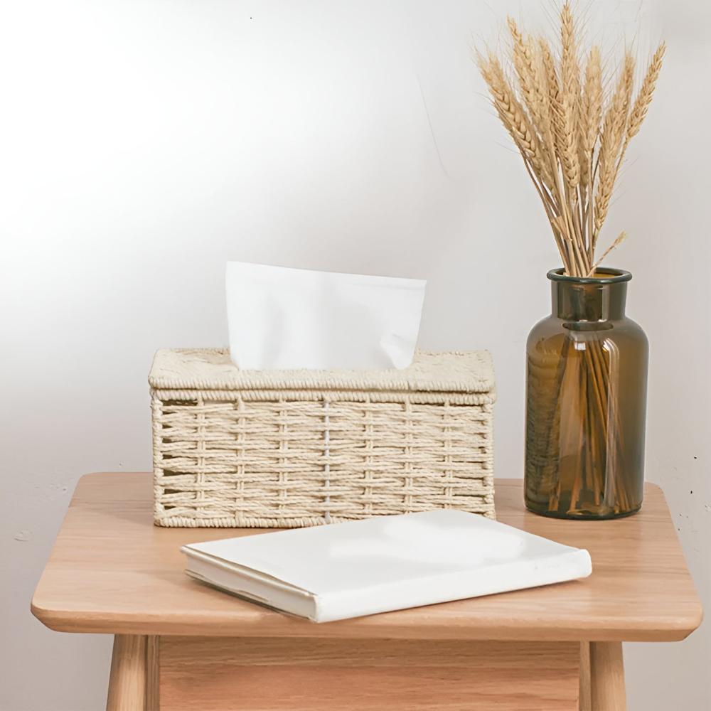 Ravine Tissue Box Cover - Rattan with Leather Accents, Compact Design 1