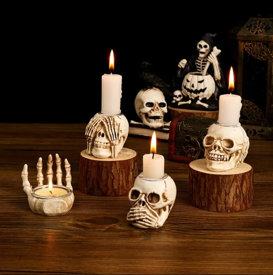 Sable Skullight Candlestick Holders - Resin, Gothic 3-Piece Set 0
