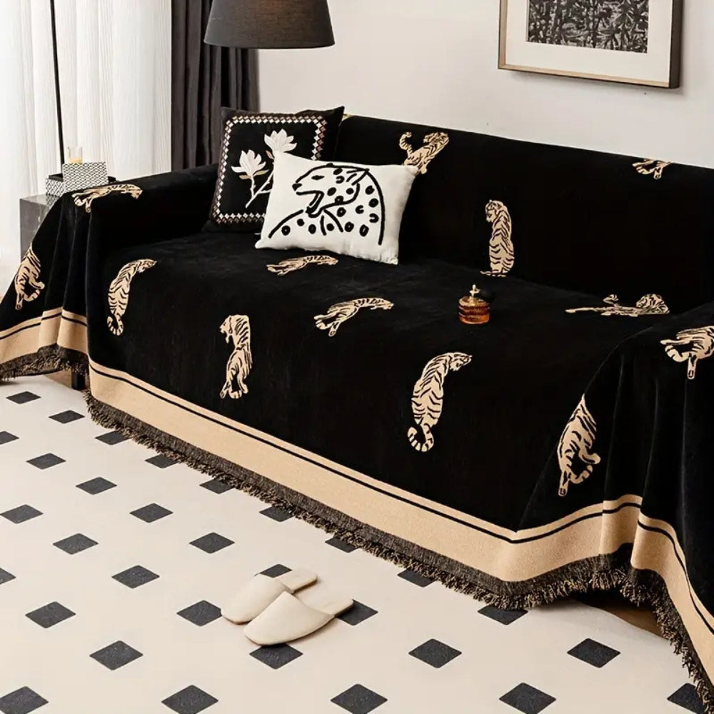Sable Sofa Cover - Reversible Chenille, Tiger Motif for Sectional and Couch 2