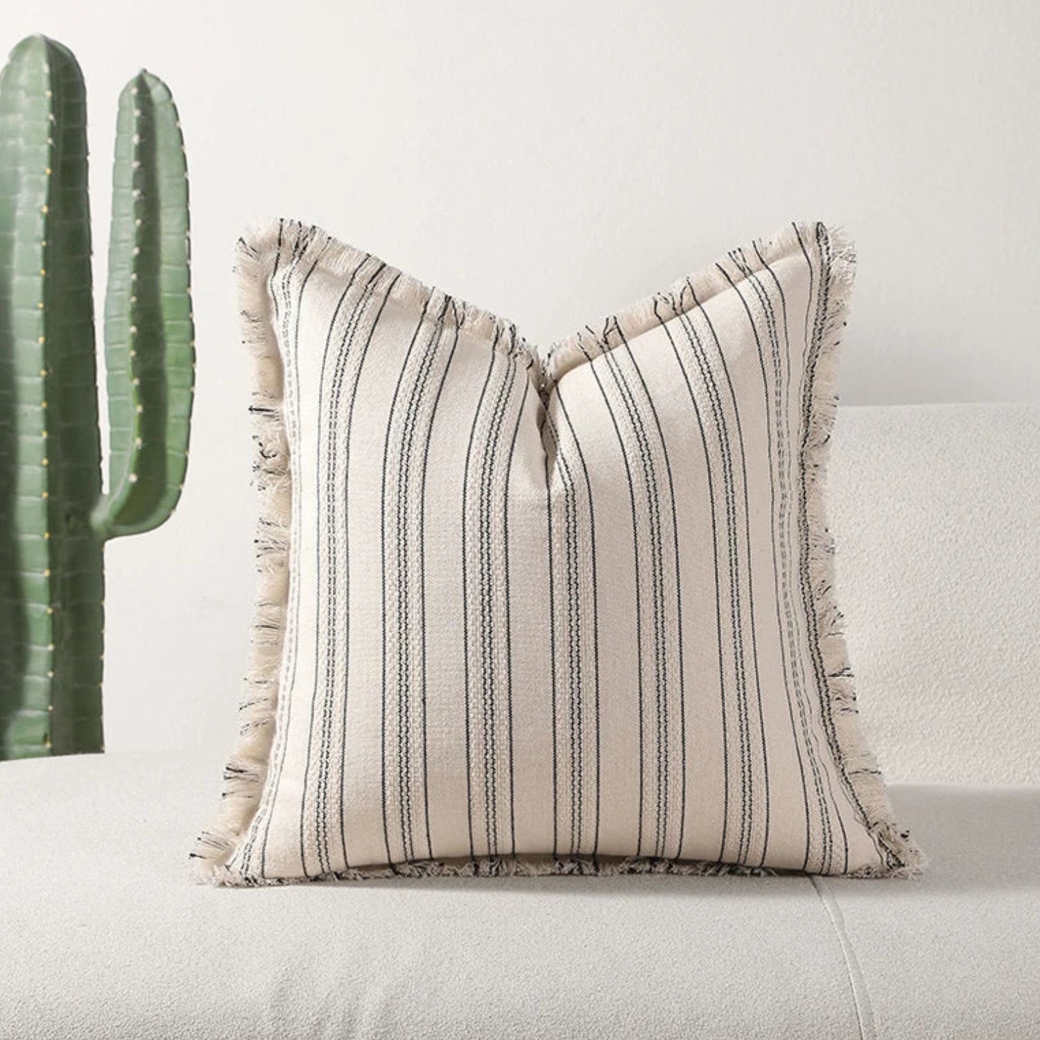 Sable Stripe Cushion Cover - Textured Cotton-Polyester Blend, Decorative Fringe 0