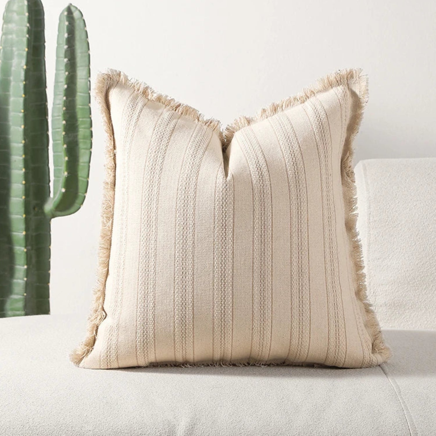 Sable Stripe Cushion Cover - Textured Cotton-Polyester Blend, Decorative Fringe 2