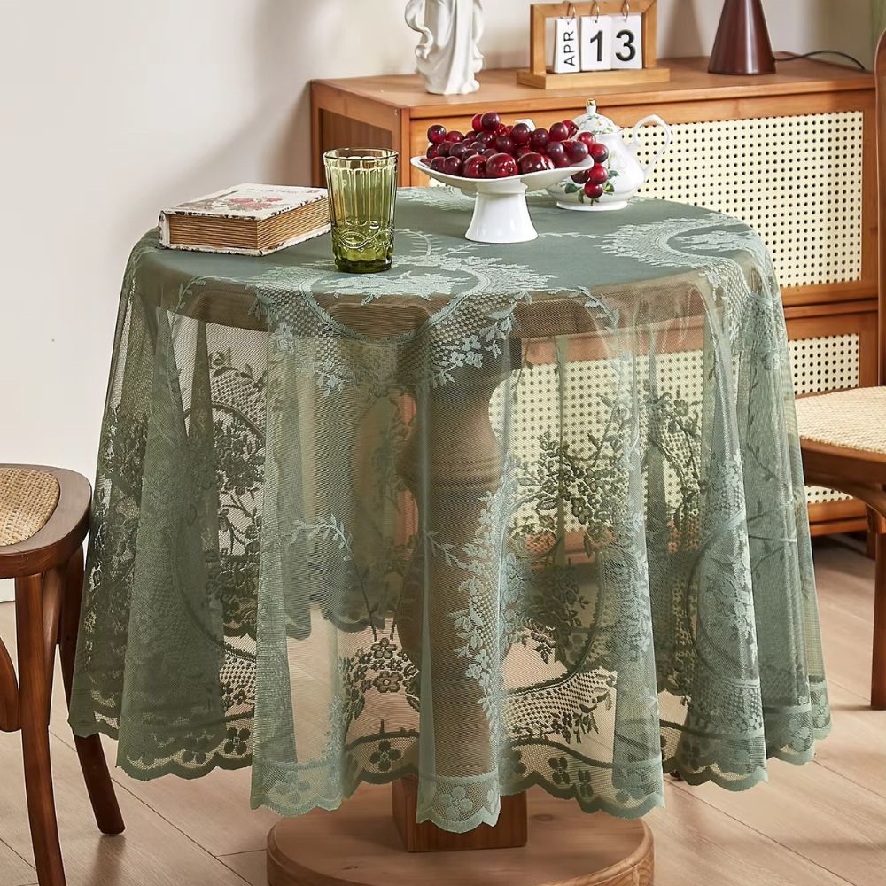 Serena Round Table Cloth - Sheer Floral Lace, Machine Washable 0