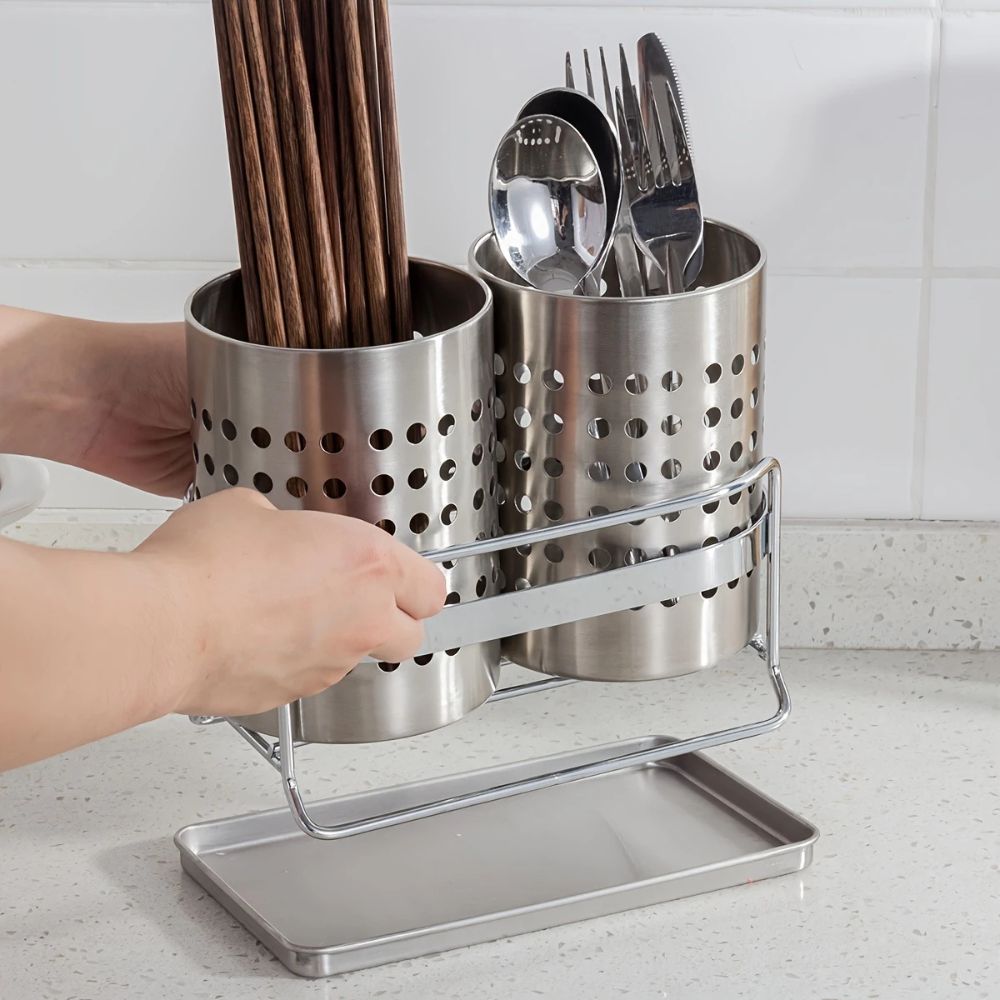 Sierra Kitchen Utensil Holder - Stainless Steel, Perforated Design 1