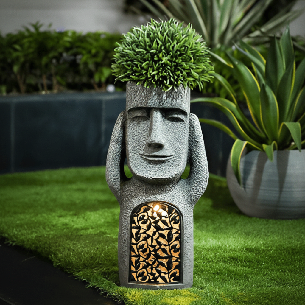 StoneGlow – Solar Moai Planter Statue – Decorative Garden Light Accent