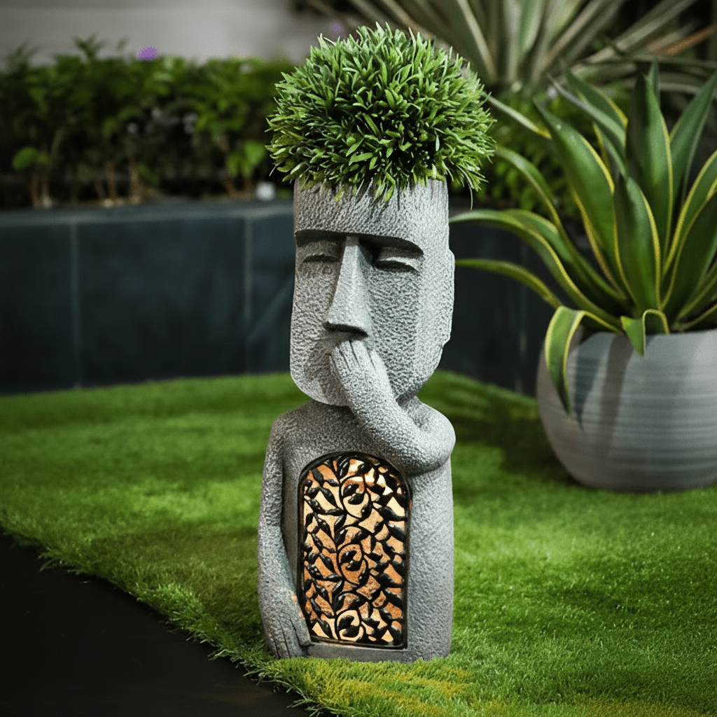 StoneGlow – Solar Moai Planter Statue – Decorative Garden Light Accent