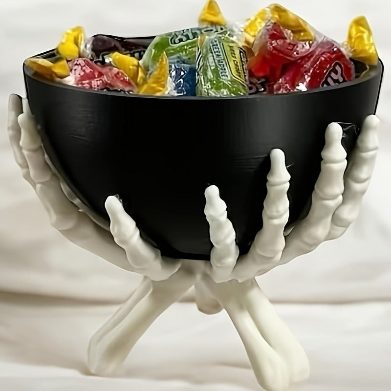 Spooktacular Halloween Candy Bowl - Matte Black Plastic with Detachable Skeleton Hands 4