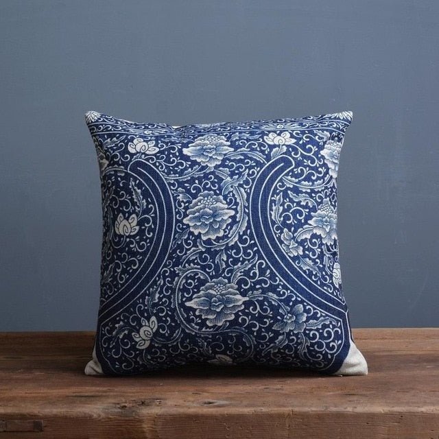 Talon Cushion Cover - Linen Cotton Blend, Blue Porcelain Print for Sofa 3