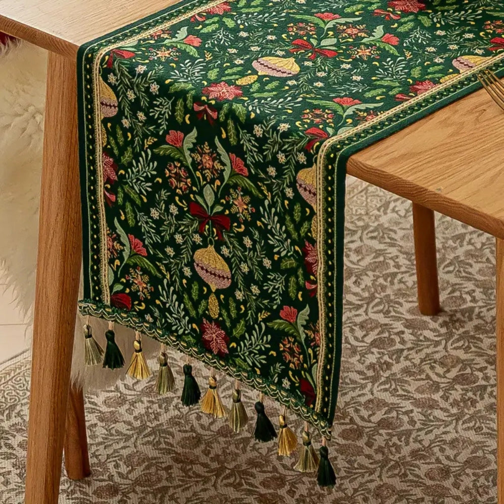 Trenora Christmas Table Runner - Botanical Pattern, Polyester Blend with Decorative Tassels 5
