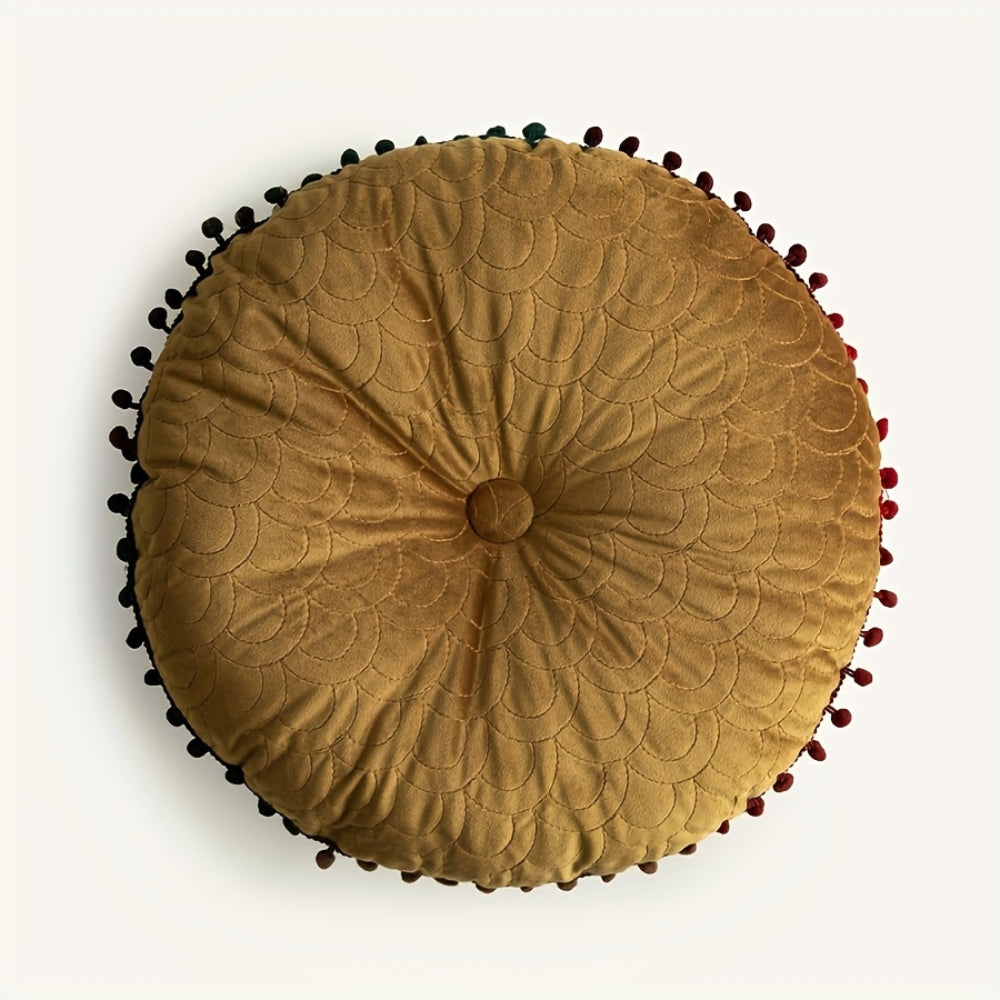 Vesper Round Cushion - Vintage Quilted Velvet, Decorative Pom-Pom Trim 0
