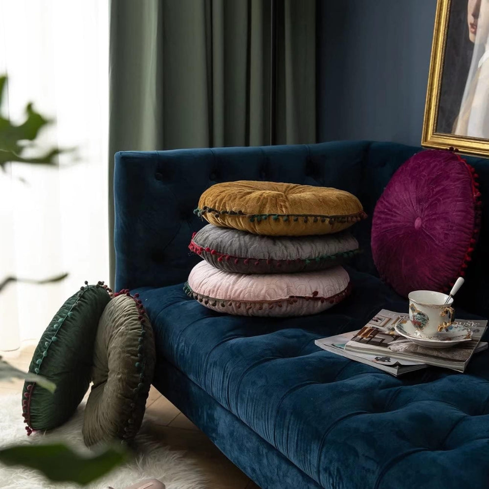 Vesper Round Cushion - Vintage Quilted Velvet, Decorative Pom-Pom Trim 2