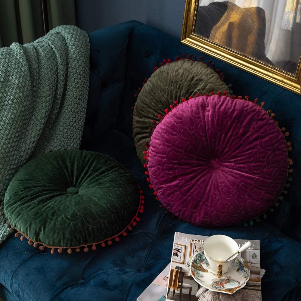 Vesper Round Cushion - Vintage Quilted Velvet, Decorative Pom-Pom Trim 3