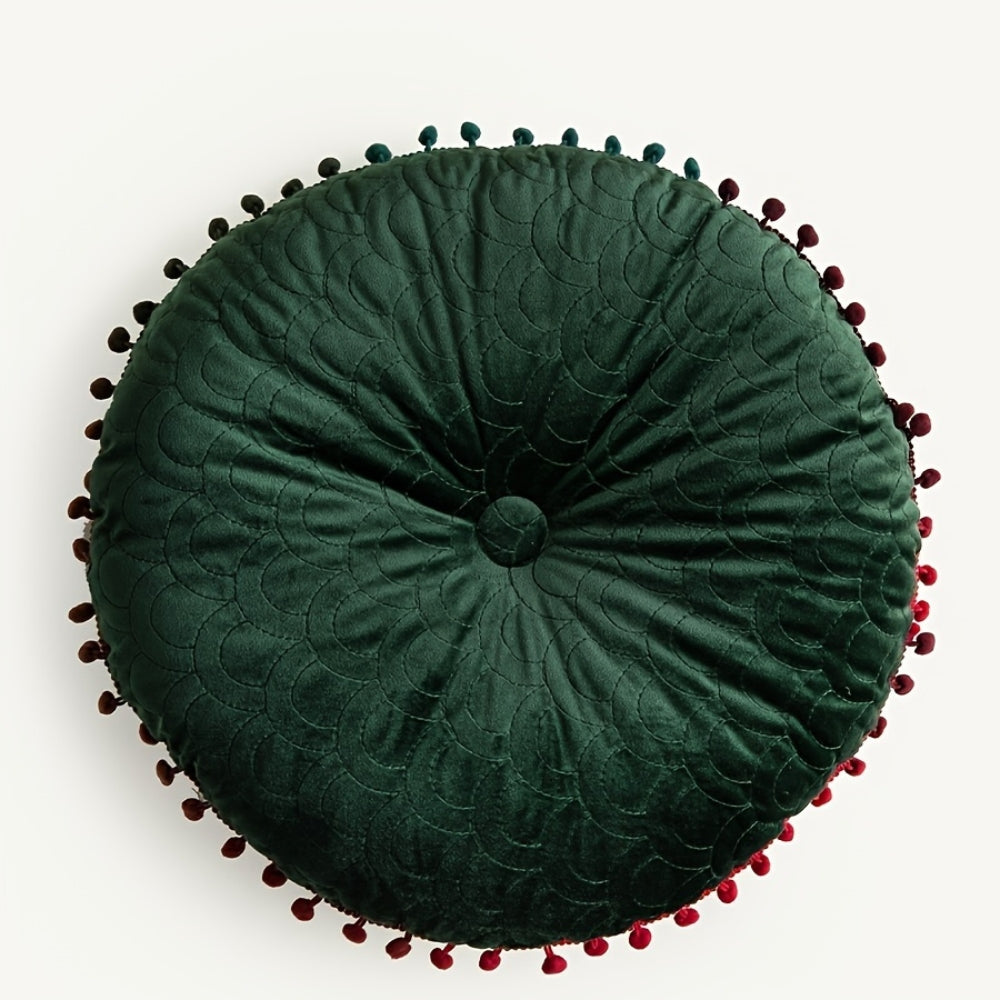 Vesper Round Cushion - Vintage Quilted Velvet, Decorative Pom-Pom Trim 8