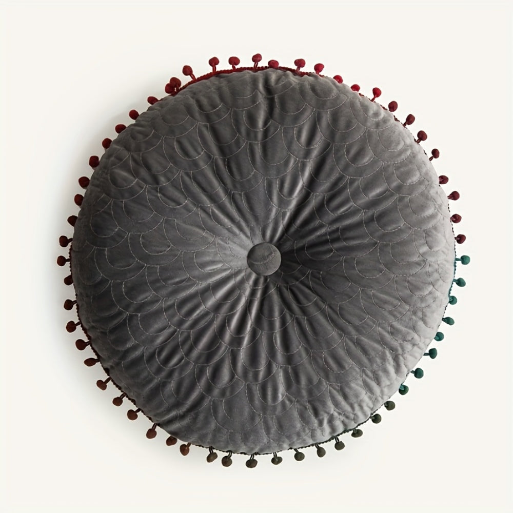 Vesper Round Cushion - Vintage Quilted Velvet, Decorative Pom-Pom Trim 9