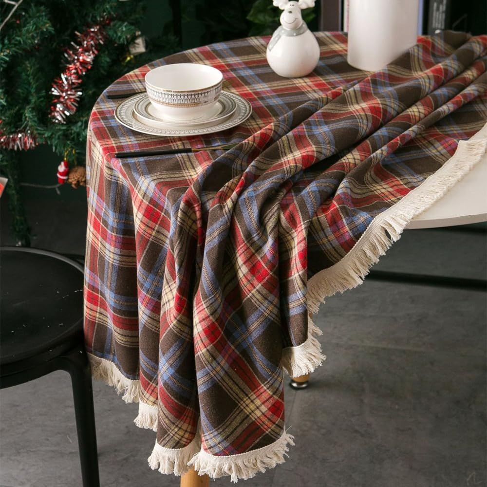 Vesper Round Tablecloth - Microfiber Blend, Holiday Plaid with Tasselled Edges 6