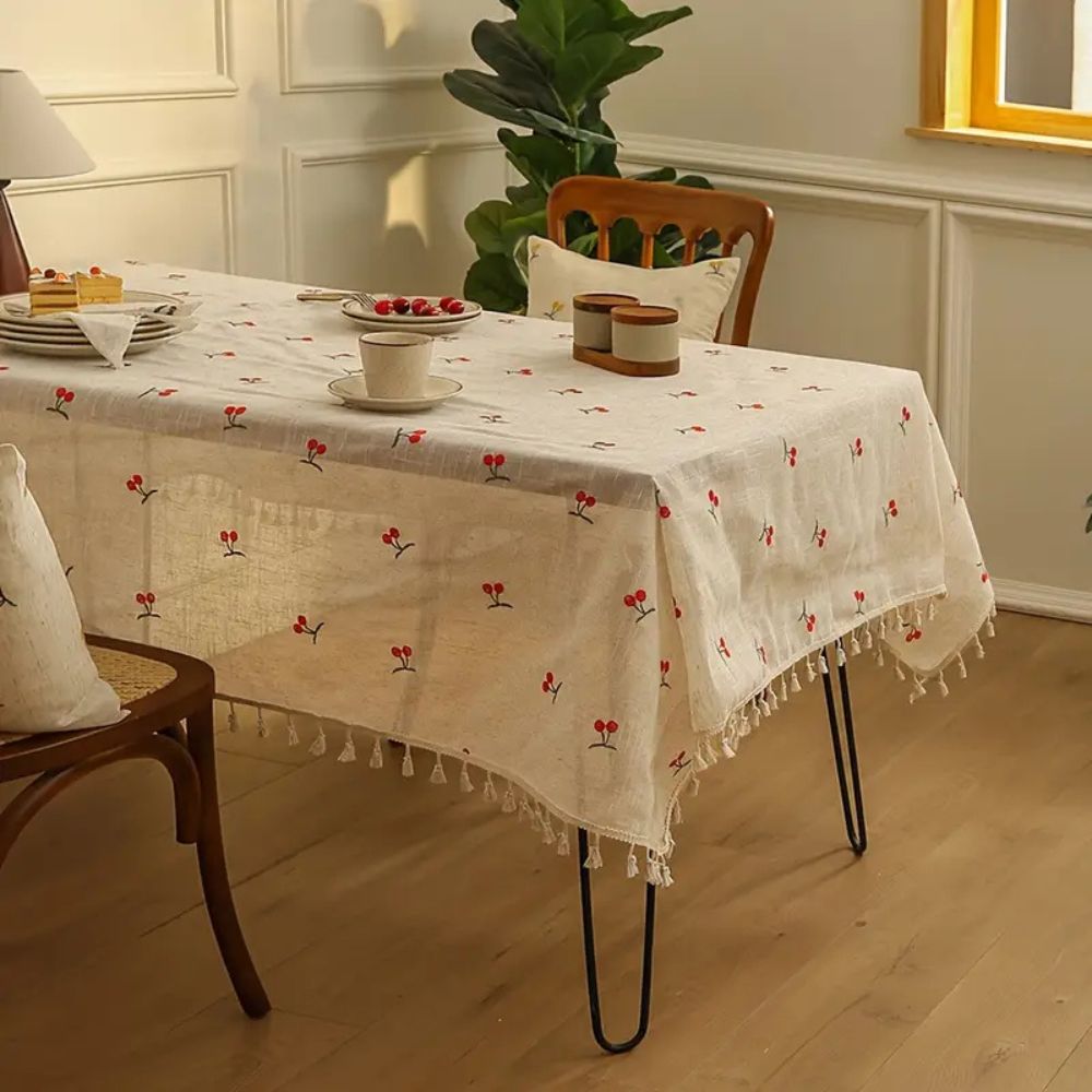 Vesta Tablecloth - Microfiber Blend with Red Cherry Tassels 1