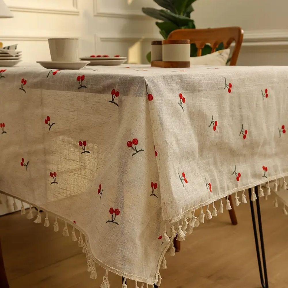 Vesta Tablecloth - Microfiber Blend with Red Cherry Tassels 3