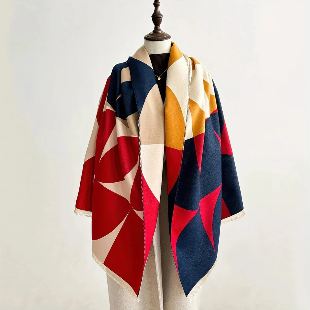 Viora Poncho Scarf - Reversible Microfiber Blend, Geometric Design 3