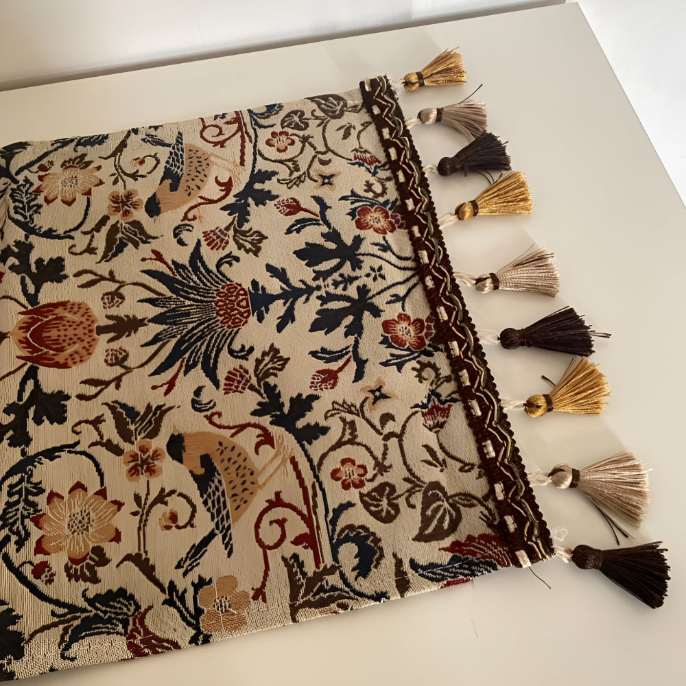 Viora Table Runner - Jacquard Floral and Bird Design, Elegant Tasselled Edges 7