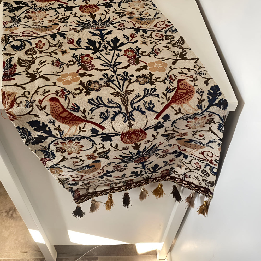 Viora Table Runner - Jacquard Floral and Bird Design, Elegant Tasselled Edges 8