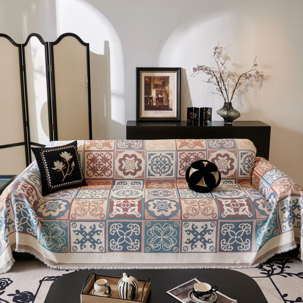 Vivid Mosaic Sofa Cover - Premium Chenille, Elegant Floral Design 0