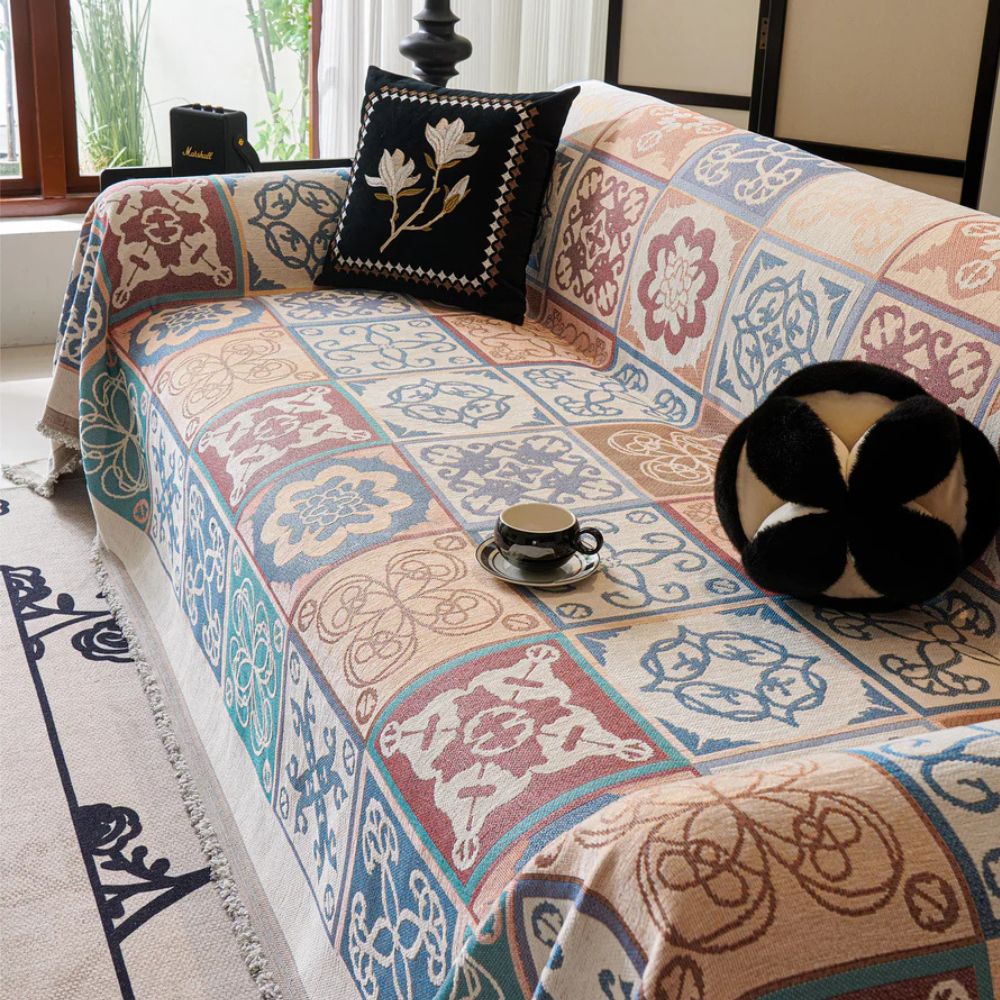 Vivid Mosaic Sofa Cover - Premium Chenille, Elegant Floral Design 1