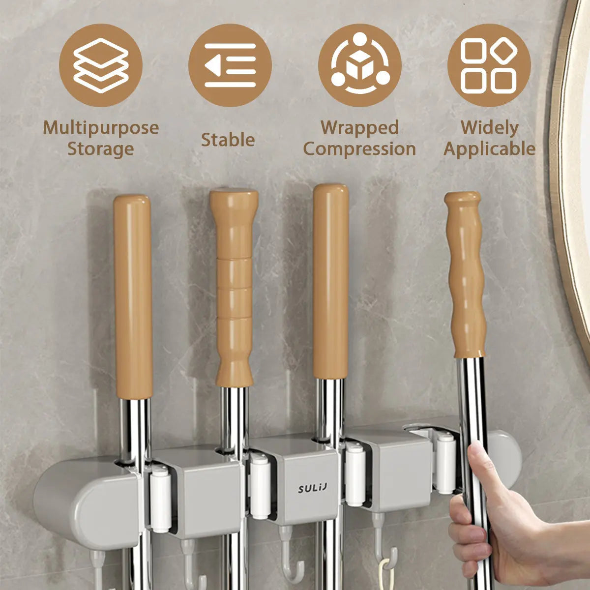 Wexley Wall Mount Organizer - Plastic and Stainless Steel, Broom Holder 4