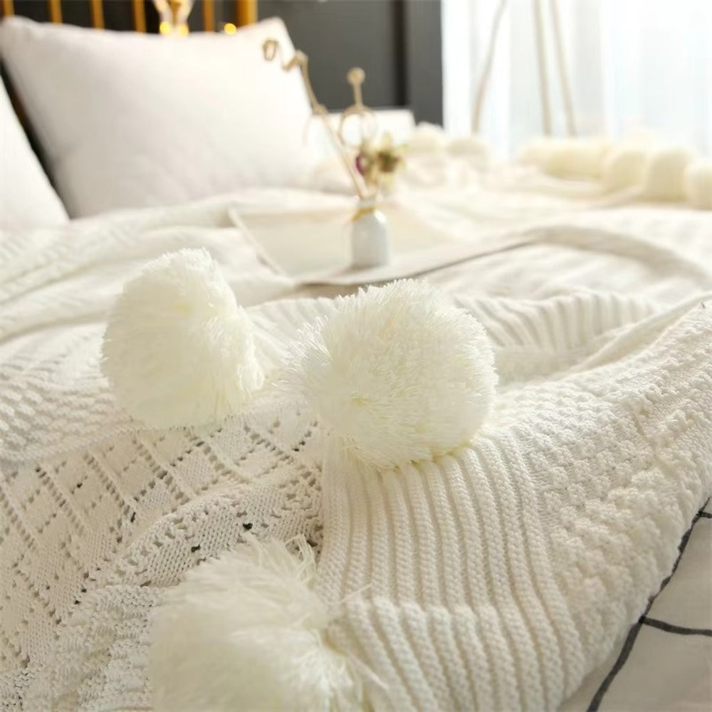 Whimsy Throw Blanket - Soft Microfiber, Knitted Pom-Pom Design 6