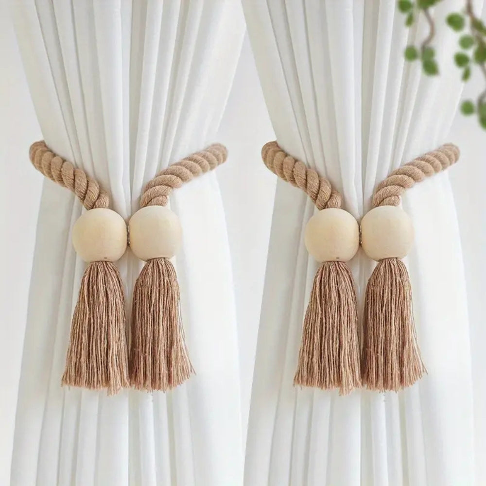 Woven Bead Curtain Tiebacks - Handcrafted Cotton, Rustic Charm 0