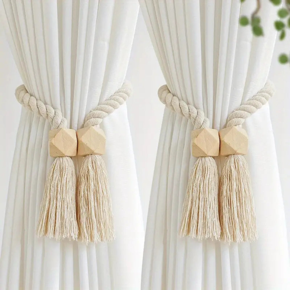 Woven Bead Curtain Tiebacks - Handcrafted Cotton, Rustic Charm 3