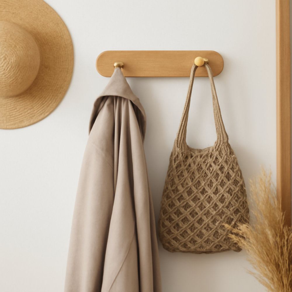 Wren Wall Hooks - Natural Wood with Brass Accents, Space-Saving Coat and Key Organizer 1