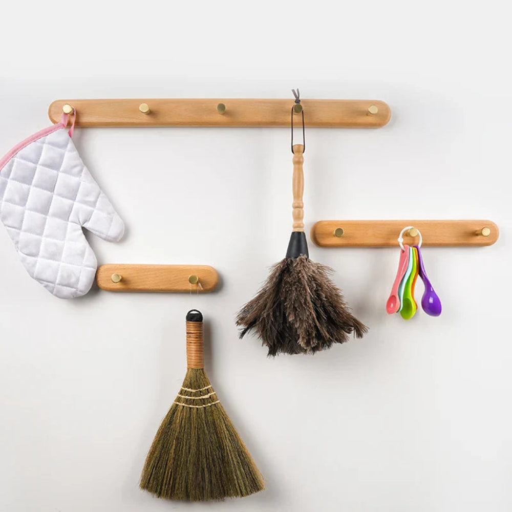 Wren Wall Hooks - Natural Wood with Brass Accents, Space-Saving Coat and Key Organizer 2